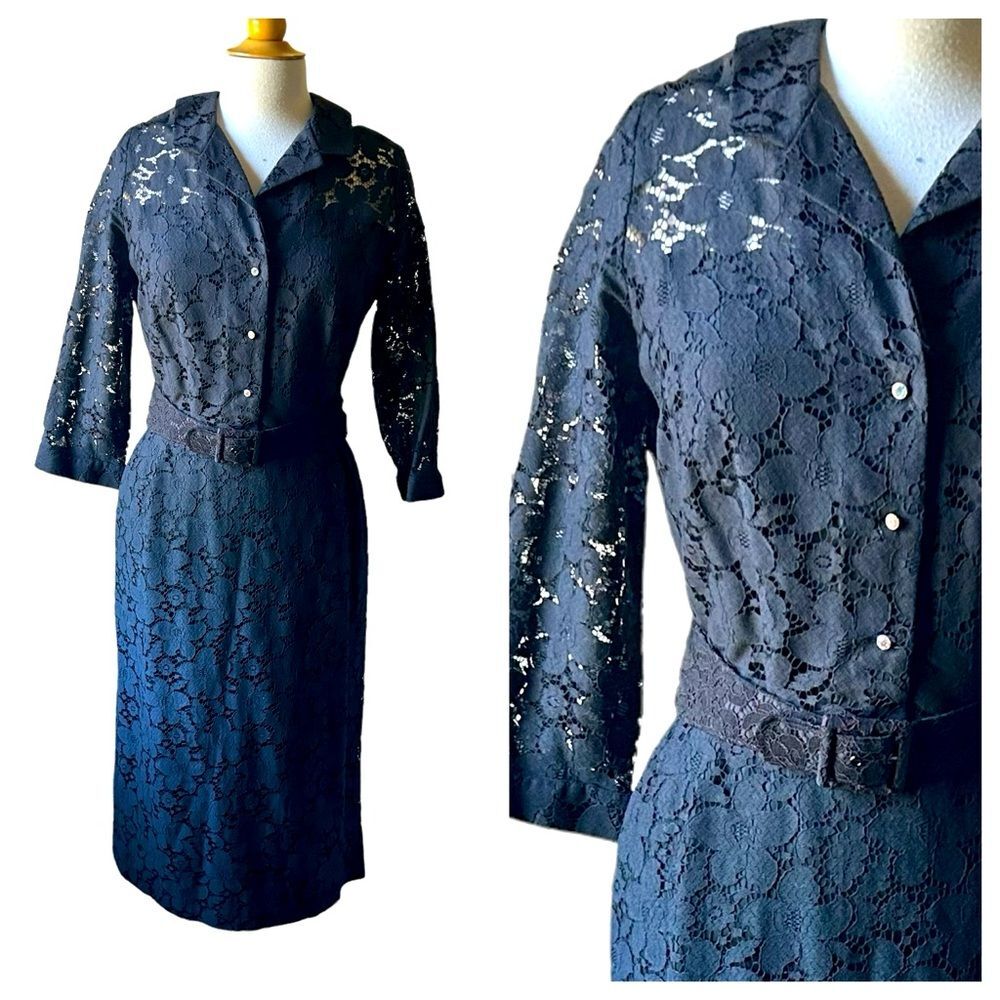 Vintage 1950s Sir James Black Lace Sheath Midi Dress - Medium